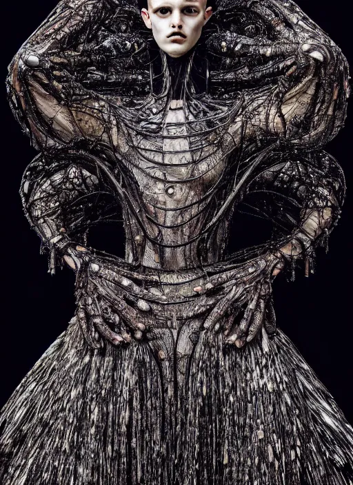 Image similar to walking down the catwalk, steven klein, show, stage, vogue photo, podium, fashion show photo, historical baroque dress dark, iris van herpen, beautiful woman, full body shot, masterpiece, intricate, biopunk, predator, guyver, highly detailed