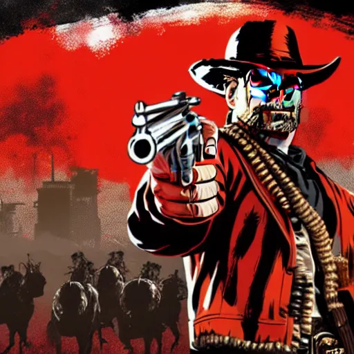 Image similar to Duke Nukem in Red Dead Redemption 2, Duke Nukem art style, explosive background