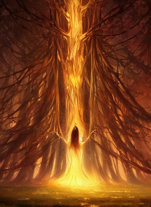 Prompt: a giant glowing tree with a beautiful maiden made of choral stepping out of it, elden ring art, digital art, award winning painted by raymond swanland