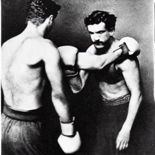 Prompt: Karl Marx boxing Ayn Rand, photo, 1920,