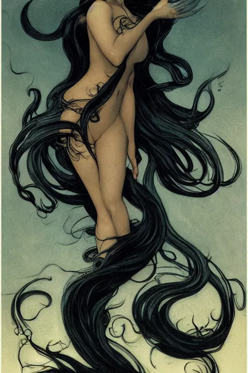 Prompt: dark evil mermaid with long flowing hair, by N.C. Wyeth, j.c. leyendecker, Bernie Wrightson, face by Otto Schmidt