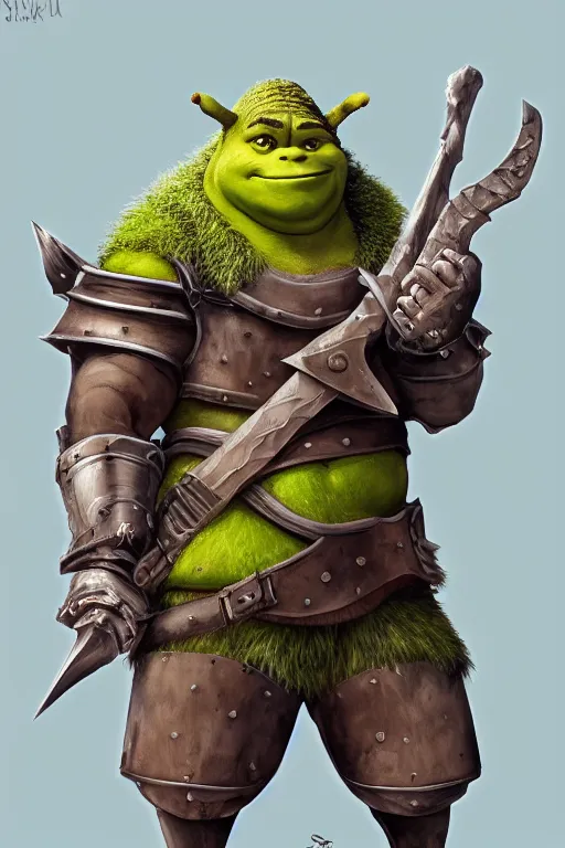 Image similar to A realistic anime portrait of Shrek, D&D, two handed Axe, plated armor, dungeons and dragons, tabletop role playing game, rpg, jrpg, digital painting, by Stanley Artgerm Lau, Frank frazzeta, WLOP and Rossdraws, digtial painting, trending on ArtStation, SFW version