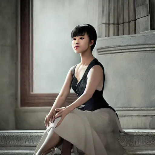 Image similar to like dust, magic gathers in overlooked places, photorealistic portrait of yuja wang. absolutely stunning!, sitting on the stairs to a palace, beautiful omnipotent goddess, symmetrical perfect face, porcelain skin, ultra - detailed, digital art, unreal engine 5, 8 k