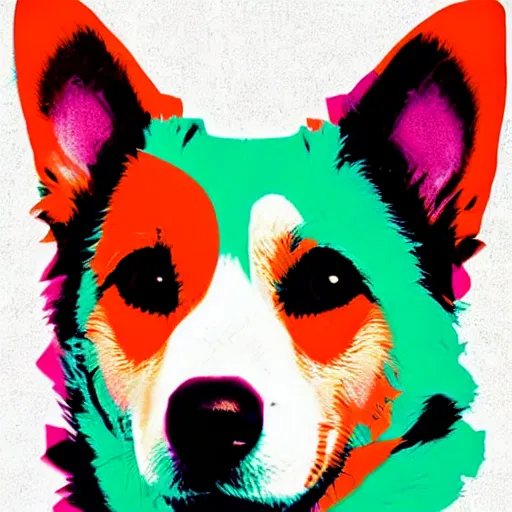 Image similar to corgi digital art in the style andy warhol, similar in design to marilyn diptych, high saturation, colorful, many different colors