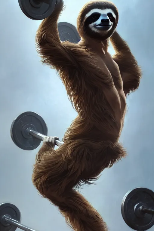 Image similar to anthro sloth lifting weights, dim dingy gym, dynamic pose, fantasy, intricate, elegant, highly detailed, digital painting, artstation, concept art, matte, sharp focus, illustration, art by artgerm and greg rutkowski and alphonse mucha