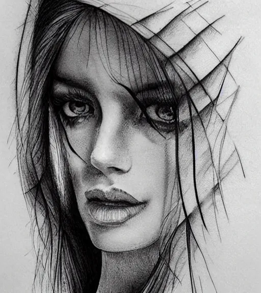 Image similar to tattoo design sketch of a beautiful woman face against a background of beautiful mountains and nature, hyper - realistic, in the style of den yakovlev, amazing detail, black and white