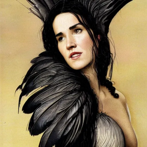 Image similar to young innocent jennifer connelly as alien bird - woman, gray skin, wearing black hooded cloak, huge wings, black feathers instead of hair, black feathers growing out of skin, bumpy skin, screaming, losing control, black feathers growing out of face, black hands with black claws, comic book, giger, mucha, trending on artstation