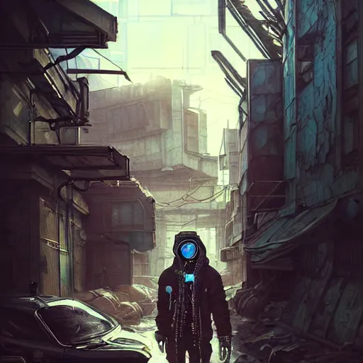 Image similar to A portrait of a cyberpunk thug on the street of a Soviet slum on the moon, Norilsk, sci-fi, fantasy, intricate, very very beautiful, elegant, highly detailed, digital painting, artstation, concept art, smooth, sharp focus, illustration, art by artgerm and greg rutkowski and alphonse mucha