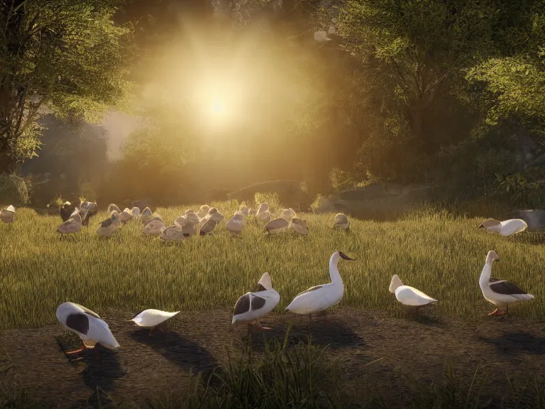 Prompt: geese dreaming of a better life, where no one will harm them, where love conquers all, 8 k, ultra realistic, lens flare, atmosphere, glow, detailed, intricate, full of colour, cinematic lighting, trending on artstation, 4 k, hyperrealistic, focused, extreme details, unreal engine 5, cinematic, masterpiece