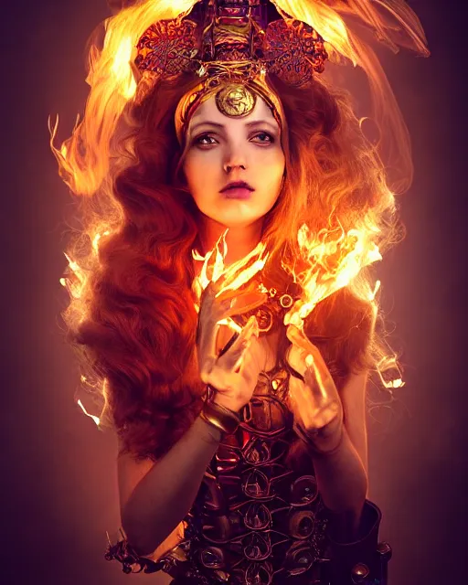 Image similar to a beautiful image of a young woman, steampunk Chandra queen of fire, big googles over her head, long flowing hair glowing with fire, steampunk costume mostly red and gold young female face, cinematic top lighting, insanely detailed and intricate, face by wlop, Charlie Bowater, golden ratio, symmetric, elegant, ornate, luxury, elite, matte painting, cinematic, trending on artstation, deviantart and cgsociety, 8k, high resolution