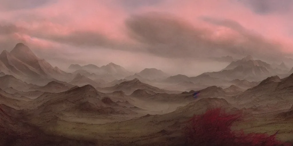 Image similar to Artwork by John Howe of the cinematic view of Xu, a dark planet of dark timberlands, windy scrublands, and mystic valleys, beneath heavy pink clouds.