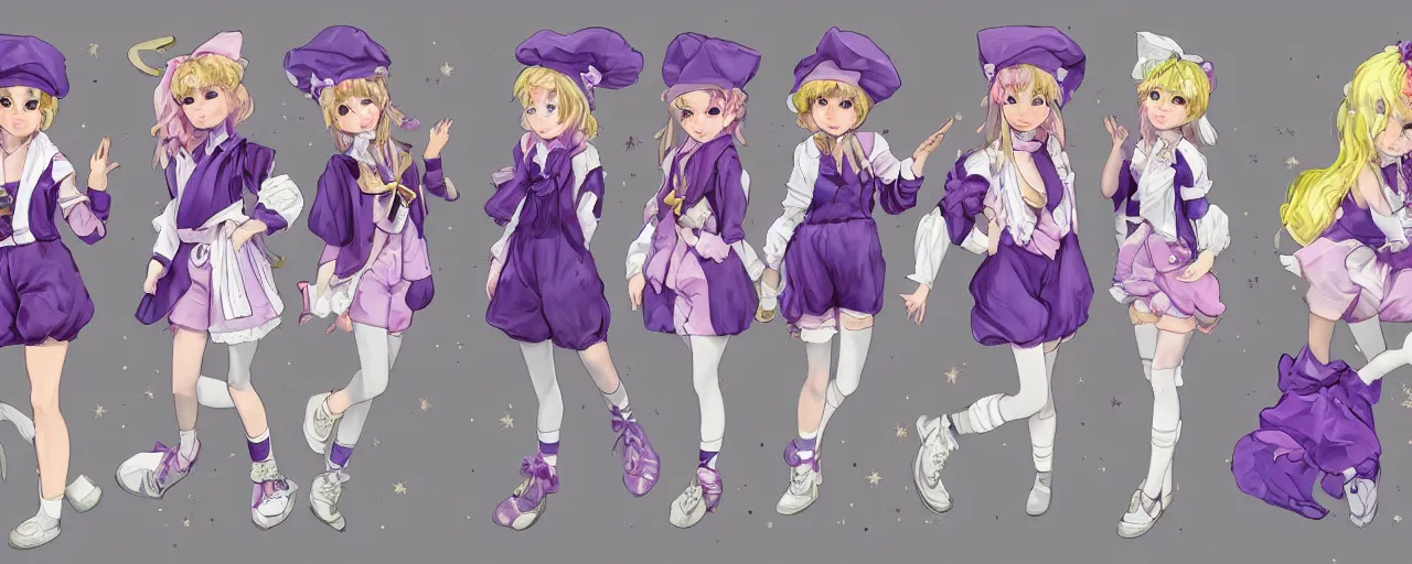 Prompt: A character sheet of full body cute magical girls with short blond hair wearing an oversized purple Beret, Baggy Purple overall shorts, Short Puffy pants made of silk, pointy jester shoes, a big billowy scarf, Golden Ribbon, and white leggings Covered in stars. Short Hair. Sunlit. Haute Couture. Artist\'s clothes. Art by william-adolphe bouguereau and Paul Delaroche and Alexandre Cabanel and Lawrence Alma-Tadema. Smooth. Elegant. Highly Detailed. Intricate. 4K. UHD. Denoise.