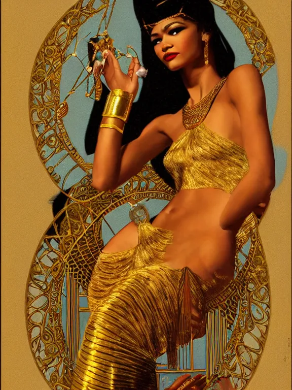Image similar to zendaya as the Egyptian goddess bast, a beautiful art nouveau portrait by Gil elvgren, Nile river environment , centered composition, defined features, golden ratio, gold jewelry