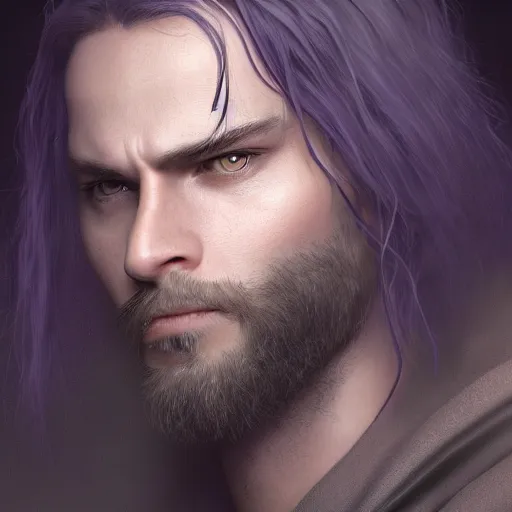 Image similar to a highly detailed portrait of a man with purple eyes, light gray long hair, beardless, without a beard, wearing a black cloak, artstation, DeviantArt, professional, octane render