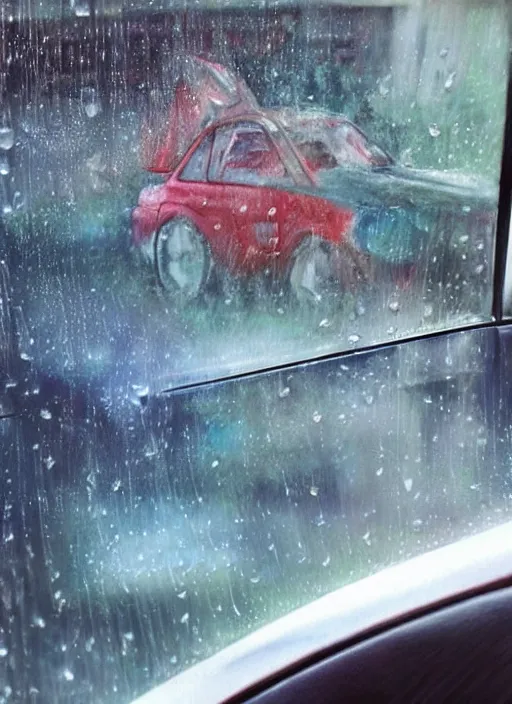 Prompt: raindrops rolling down the windows morphing from raindrops into into cars made out of water painting by artgerm and greg rutkowski and magali villanueve.