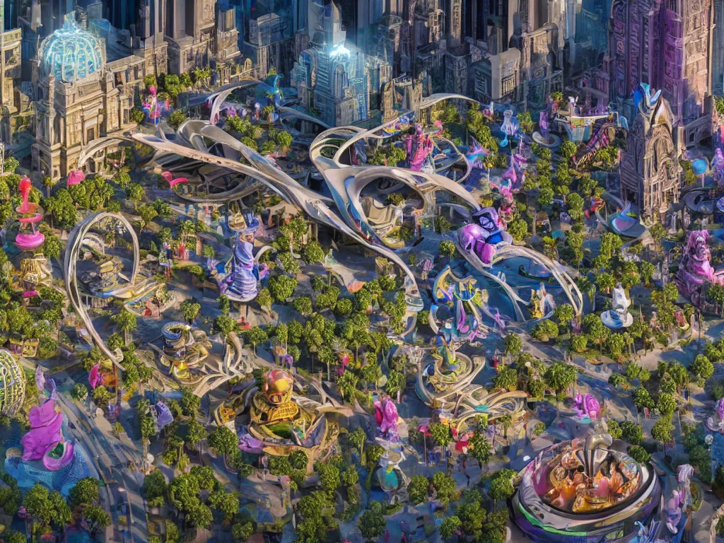 Image similar to a busy elaborate ornate outdoor city center museum, cinematic, huge structures, shadows, 4 k, detailed, by zaha hadid and lisa frank and peter jackson and ridley scott and beeple and greg rutowski