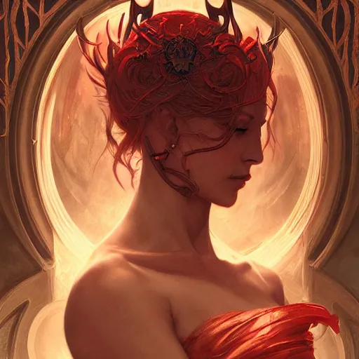 Image similar to Portrait of demon princess, D&D, red eyes, face, dark fantasy, intricate, elegant, highly detailed, digital painting, artstation, concept art, smooth, sharp focus, illustration, art by artgerm and greg rutkowski and alphonse mucha