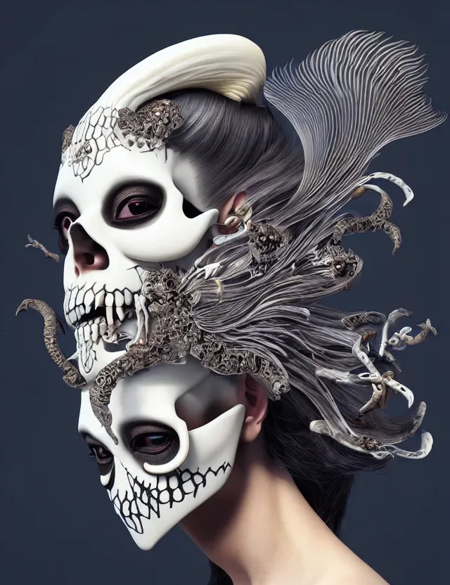 Image similar to 3 d goddess skull half - turn portrait with long hair with ram skull. beautiful intricately detailed japanese crow kitsune mask and clasical japanese kimono. betta fish, jellyfish phoenix, bio luminescent, plasma, ice, water, wind, creature, artwork by tooth wu and wlop and beeple and greg rutkowski