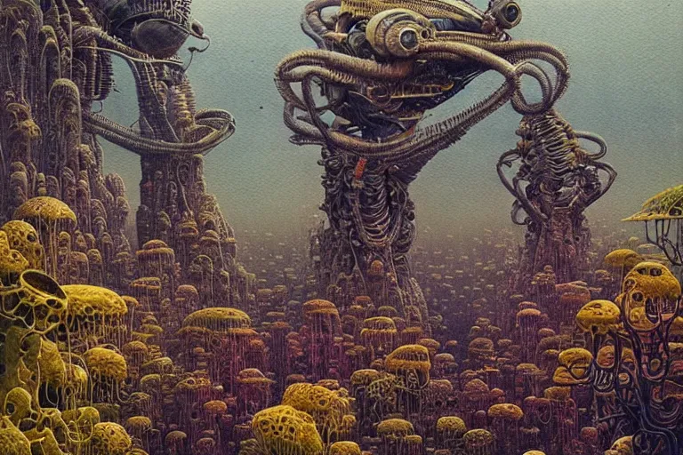 Prompt: a surreal and awe - inspiring science fiction landscape, alien plants and animals, intricate, elegant, uplifting, happy, inspirational, highly detailed watercolor painting by beksinski and simon stalenhag