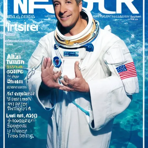 Image similar to an astronaut wearing a robe chilling in a infinity pool, magazine cover photograph