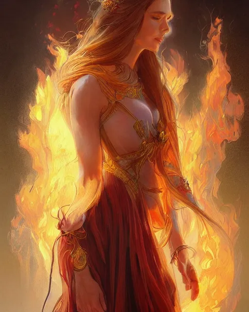 Image similar to beautiful long haired girl, fire dress, portrait, flames everywhere, highly detailed, digital painting, artstation, concept art, smooth, sharp focus, illustration, art by artgerm and greg rutkowski and alphonse mucha