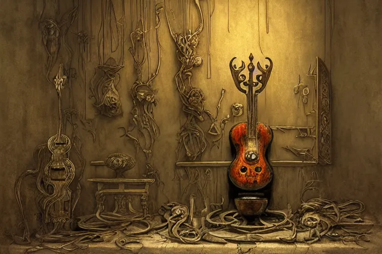 Image similar to still life of a cursed carved wooden baroque demonic oud with ebony inlay and strings of pain, designed by brian froud and hr giger leans against the wall alone, abandoned. an empty brutalist chamber, lonely, somber, a thin wisp of smoke rises from the lute. late afternoon lighting cinematic fantasy painting by jessica rossier