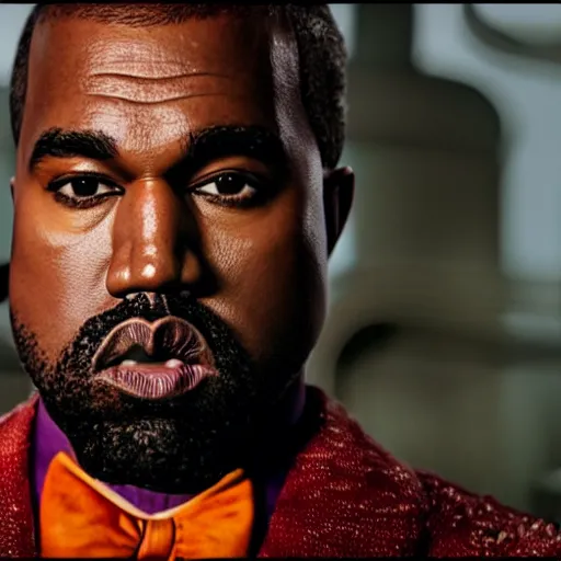 Prompt: Portrait of Kanye West as willy wonka in Skyrim, splash art, movie still, cinematic lighting, dramatic, octane render, long lens, shallow depth of field, bokeh, anamorphic lens flare, 8k, hyper detailed, 35mm film grain