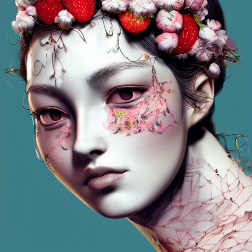 Image similar to the face of an absurdly beautiful, graceful, elegant, sophisticated, fashionable young gravure idol made of strawberries and white petals, an ultrafine hyperdetailed illustration by kim jung gi, irakli nadar, intricate linework, bright colors, octopath traveler, final fantasy, unreal engine 5 highly rendered, global illumination, radiant light, detailed and intricate environment