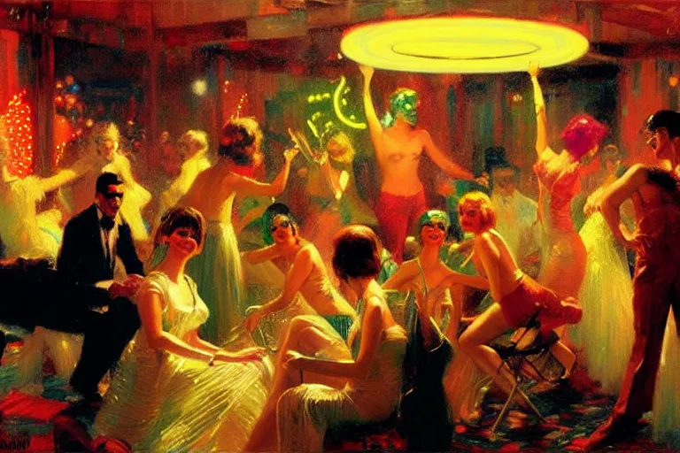 Image similar to sixties disco party, summer, neon light, painting by gaston bussiere, craig mullins, j. c. leyendecker