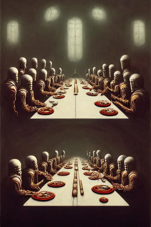 Image similar to painting of tech priests dining at the last supper, adeptus mechanicus!, cybernetic enhancements attached to his body, praise the omnissaiah, zdzislaw beksinski, lewis jones, mattias adolfsson, warhammer 4 0 k!!, cold hue's, warm tone gradient background, concept art, digital painting