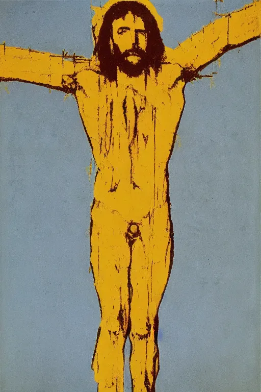 Image similar to bloody jesus christ crucified, yellow sky painted by andy warhol and cy twombly