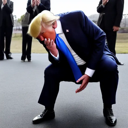 Prompt: Donald Trump crying because he dropped his mobile phone on the floor. His phone is flat on the floor.