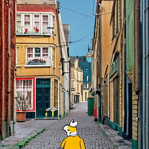 Prompt: tintin and snowy in a belgian 1 9 5 0 s street, ligne claire style with simple lines and bold colours