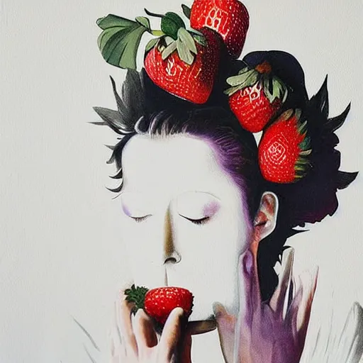 Image similar to “art in an Australian artist’s apartment, portrait of a woman wearing white cotton cloth, eating luscious fresh raspberries and strawberries and blueberries, white wax, edible flowers, Japanese pottery, ikebana, black walls, acrylic and spray paint and oilstick on canvas”