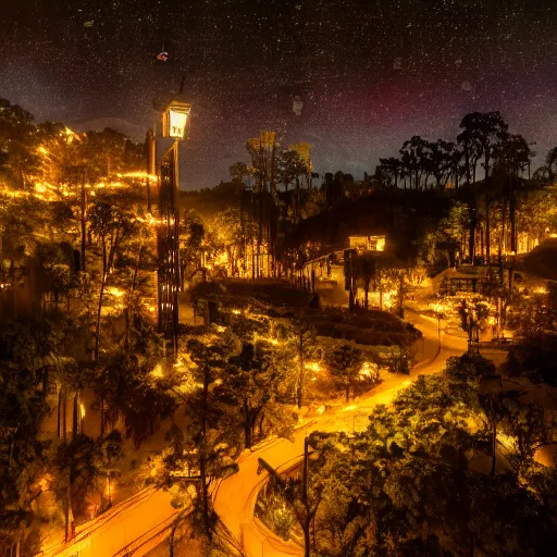 Prompt: professional photo of a tree top town similar to level of donkey kong country, by discovery magazine, night time with lights inside houses, real life, photorealistic, soft focus, long exposure