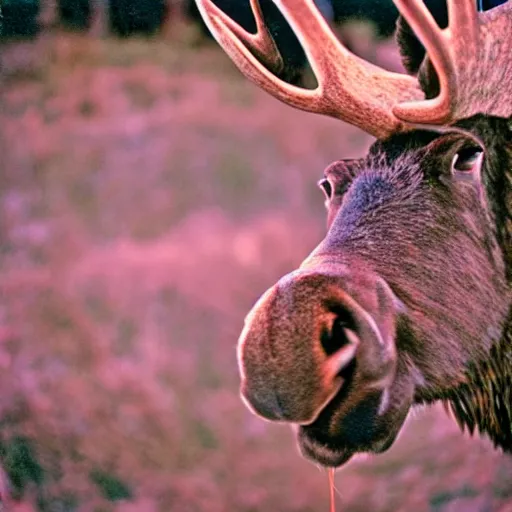 Image similar to close - up fisheye polaroid of a moose, kodachrome