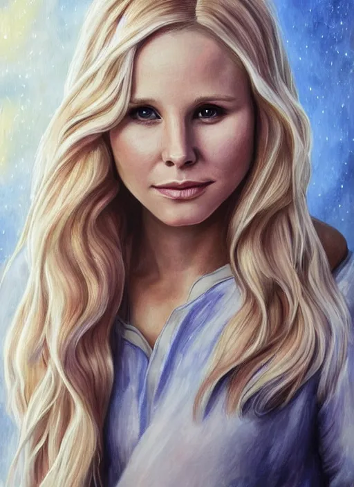 Image similar to a painting of kristen bell with long blonde hair, a photorealistic painting by magali villeneuve, featured on cgsociety, fantasy art, detailed painting, photorealistic