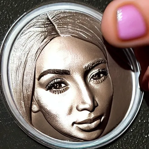 Prompt: photo of a minted coin with kim kardashian's face etched on it.