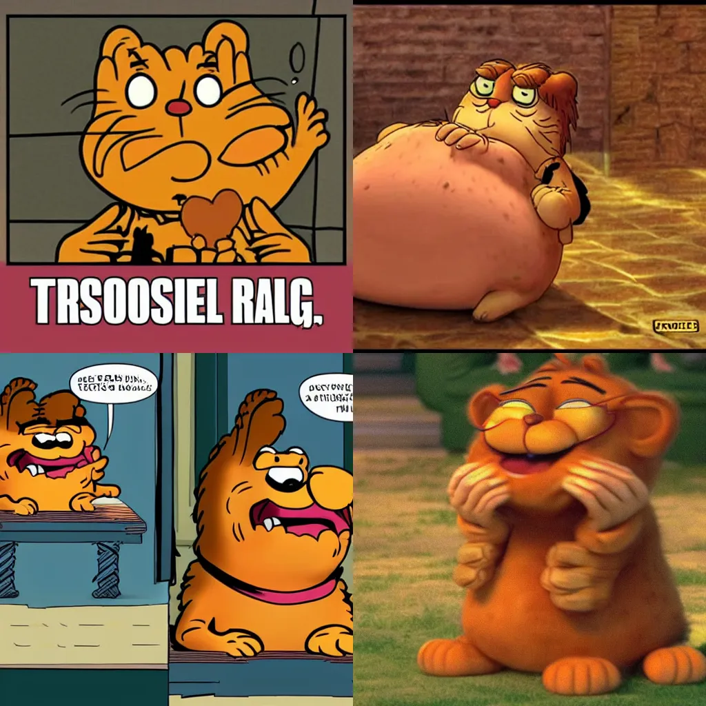 Prompt: garfield overcome with rage and disgust and heartbreak