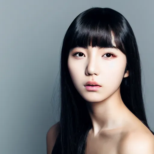 Prompt: Beautiful young korean woman with deep brown eyes and black hair posing for a portrait mode photo, long hair with bangs haircut, popular korean makeup, light background, photo realism, 4k detail