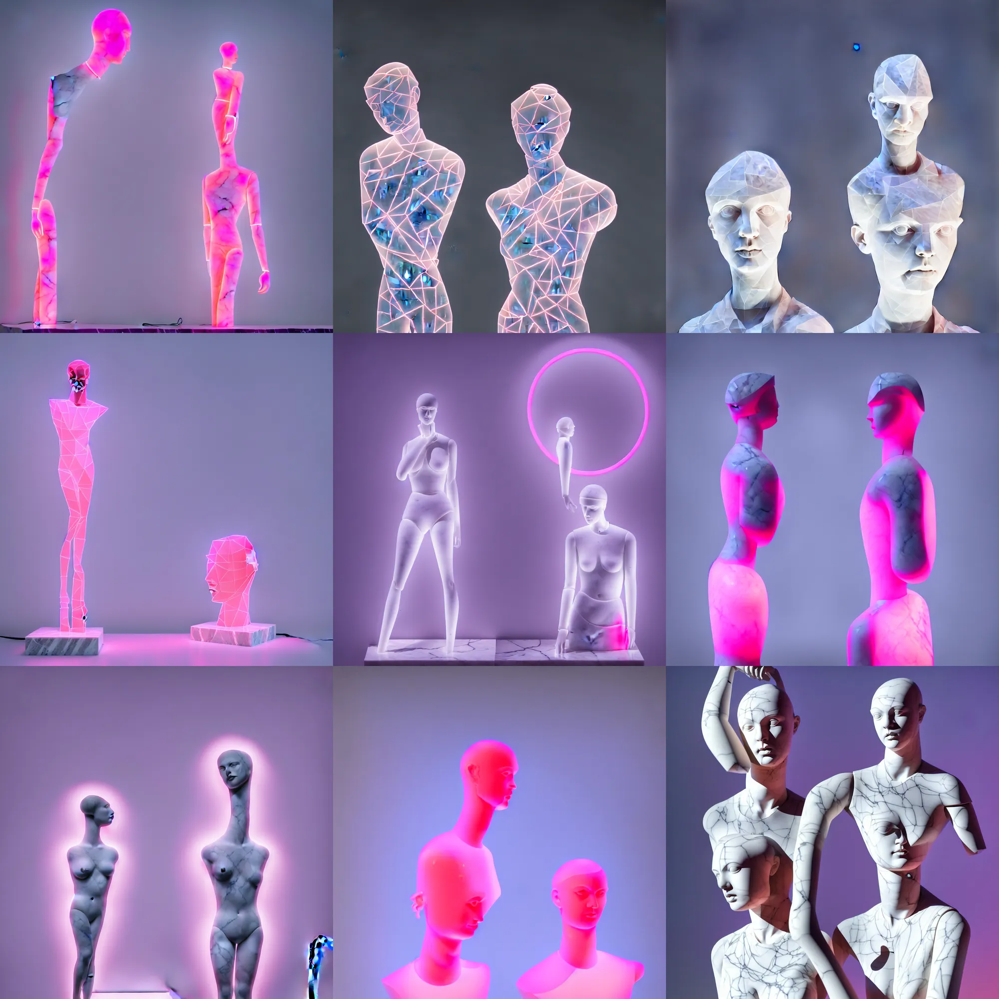 Prompt: beautiful marble sculpture of a mannequin by billelis + lit with 3 d geometric neon + hosta flowers!!!, moon in background!, facing a doorway opening with neon pink geometric light, confident, moody, award winning, clean linework, dramatic, finely detailed, 4 k, trending on artstation, photorealistic, volumetric lighting, octane render