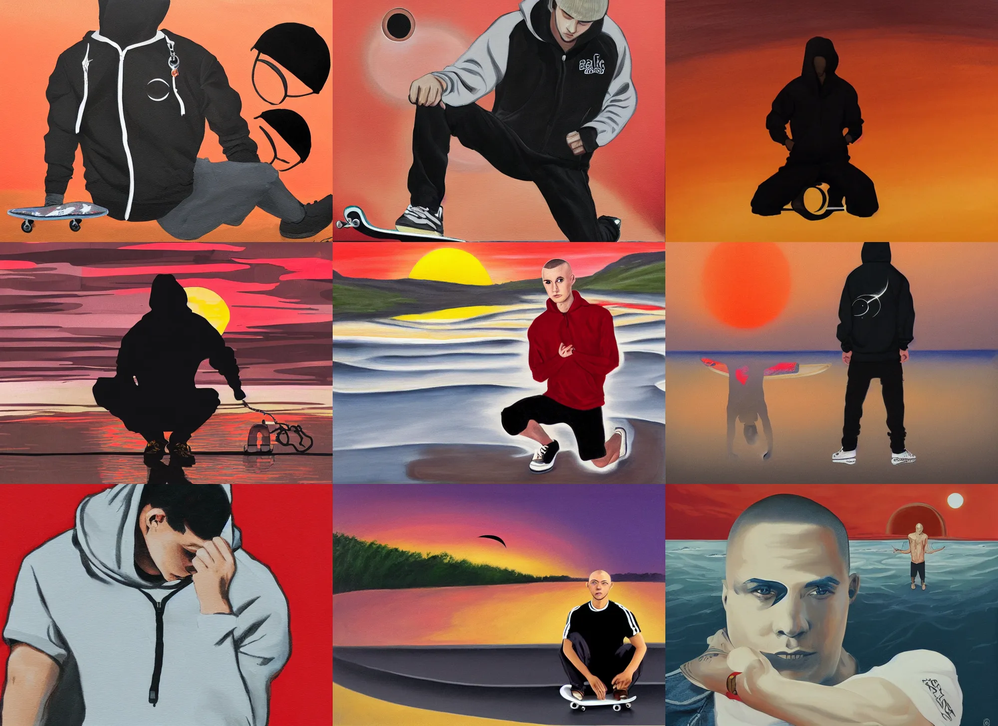 Prompt: painting of a skateboarder with a buzzed haircut and partially zipped up black hoodie jacket with rolled up sleeves and white undershirt kneeling in shallow water dramatically holding outward a necklace in front of an eclipse, red sunset h 4 4 8