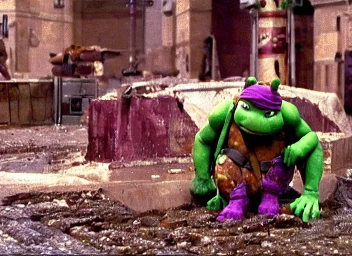 Prompt: film still of a donatello sitting in a sewer about to eat a peanut butter and gumball pizza in teenage mutant ninja turtles movie 1 9 9 0