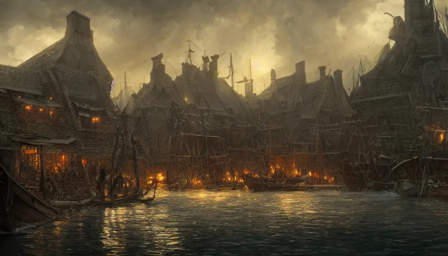 Prompt: establishing shot of laketown, ray traced lighting by gerald brom and greg rutkowski