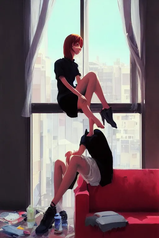 Image similar to A ultradetailed beautiful portrait panting of a stylish girl sitting in a messy modern apartment, bright sunny day, Oil painting, by Ilya Kuvshinov, Greg Rutkowski and Makoto Shinkai