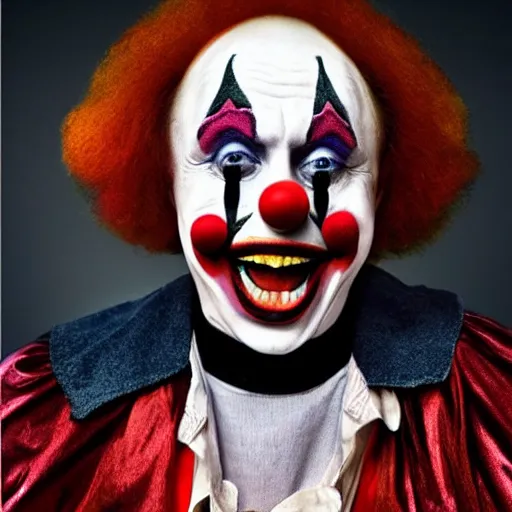 Image similar to UHD candid photo of Vladimir Putin dressed as a clown, wearing accurate clown makeup, accurate face, UHD, photorealistic, correct face, photo by Annie Leibowitz