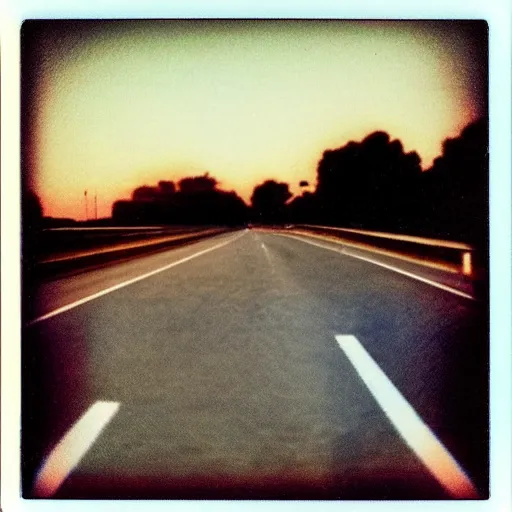 Image similar to instant photograph of the sky, polaroid, raw, beautiful, nostalgic, light leak, sunset, clouds, highway