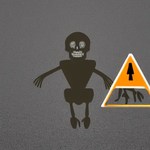 Prompt: a skeleton with traffic - cones instead of hands