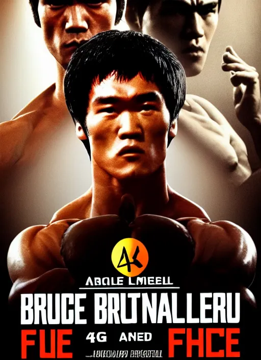 Image similar to Film poster Bruce lee fights VS Arnold Schwarzenegger, faces look at each other, detailed and realistic, 4k, filmic render