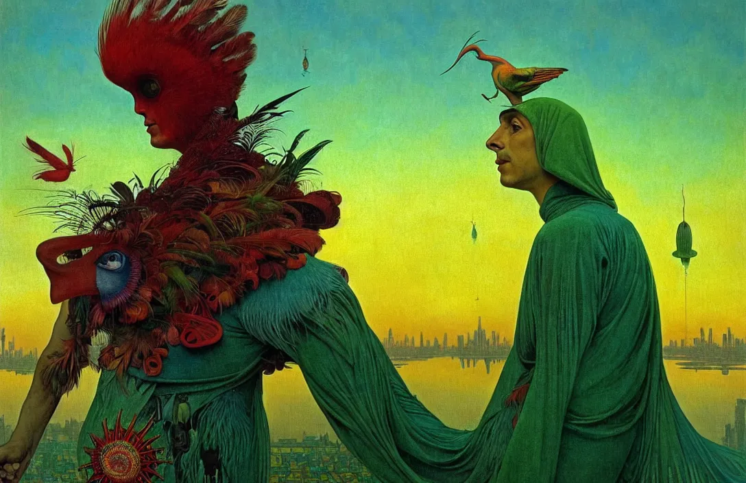 Image similar to realistic detailed portrait movie shot of a birdman wearing green robes, futuristic city sunset landscape background by denis villeneuve, yves tanguy, alphonse mucha, ernst haeckel, max ernst, roger dean, masterpiece, rich moody colours, feathers, ethereal, occult, blue eyes